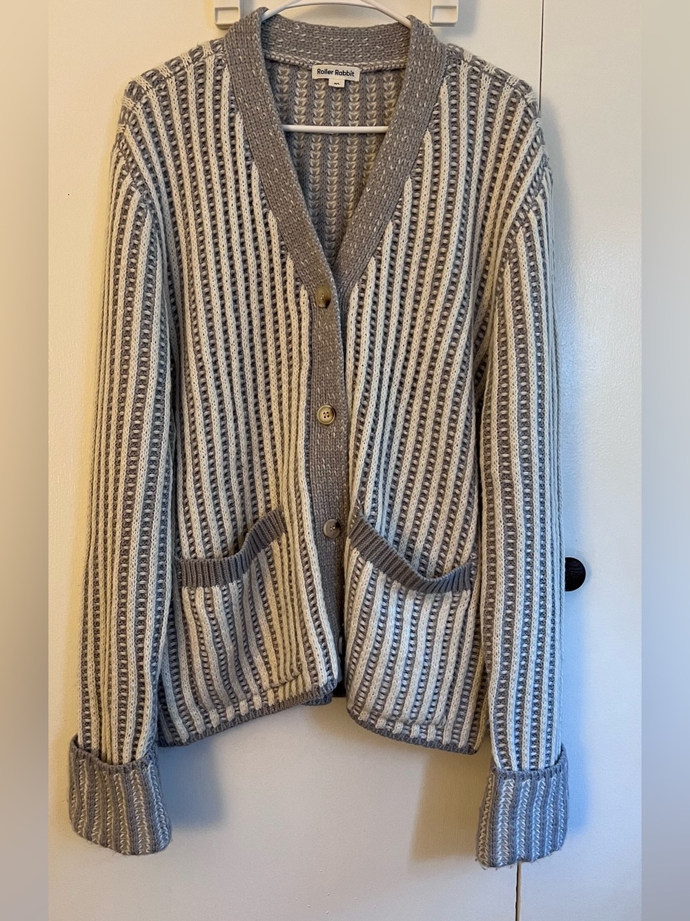 Roller Rabbit Gray and Cream Striped Knit Cardigan